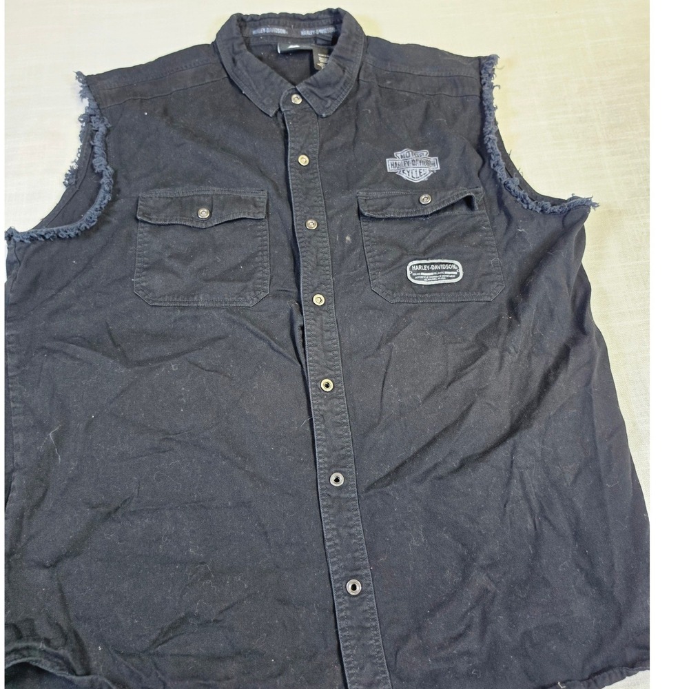 Harley Davidson Mens Black Cotton Sleeveless Snap Front Biker Shirt Vest Logo L